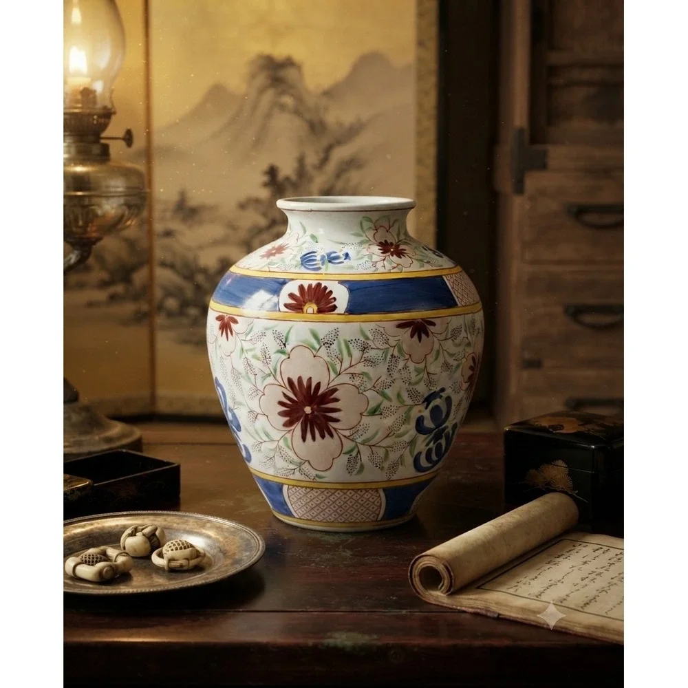 Vintage Chinese Porcelain Floral Vase Hand Painted Chinoiserie Blue Red 9 Inch